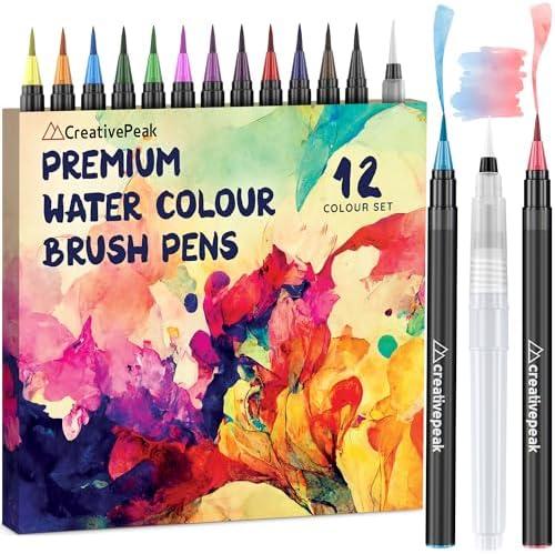 Creativepeak Watercolor Brush Pens - 12 Vibrant Soft Tip Coloring Markers with Blending Brush - Premium Art Supplies for Calligraphy, Lettering, Coloring & Journaling