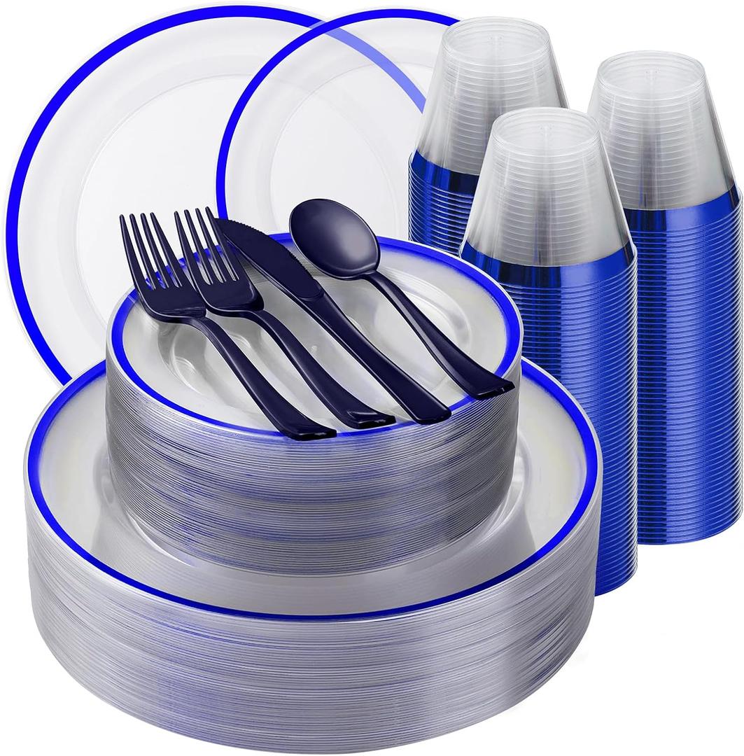 Beststar 350PCS Blue and Clear Plastic Dinnerware Sets for 50 Guests, Include 100 Blue Disposable Plates, 100 Forks, 50 Knives, 50 Spoons, 50 Cups, Christmas Party Supplies