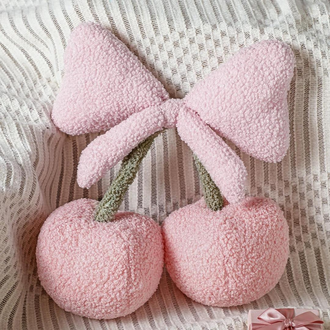 Beeveer Small Bow Cherry Throw Pillow Wool Cute Coquette Room Decor Decorative Throw Pillows Aesthetic Room Decor Bowknot Shaped Plush Cushions for Valentines Day Bedroom Sofa Couch(Pink)