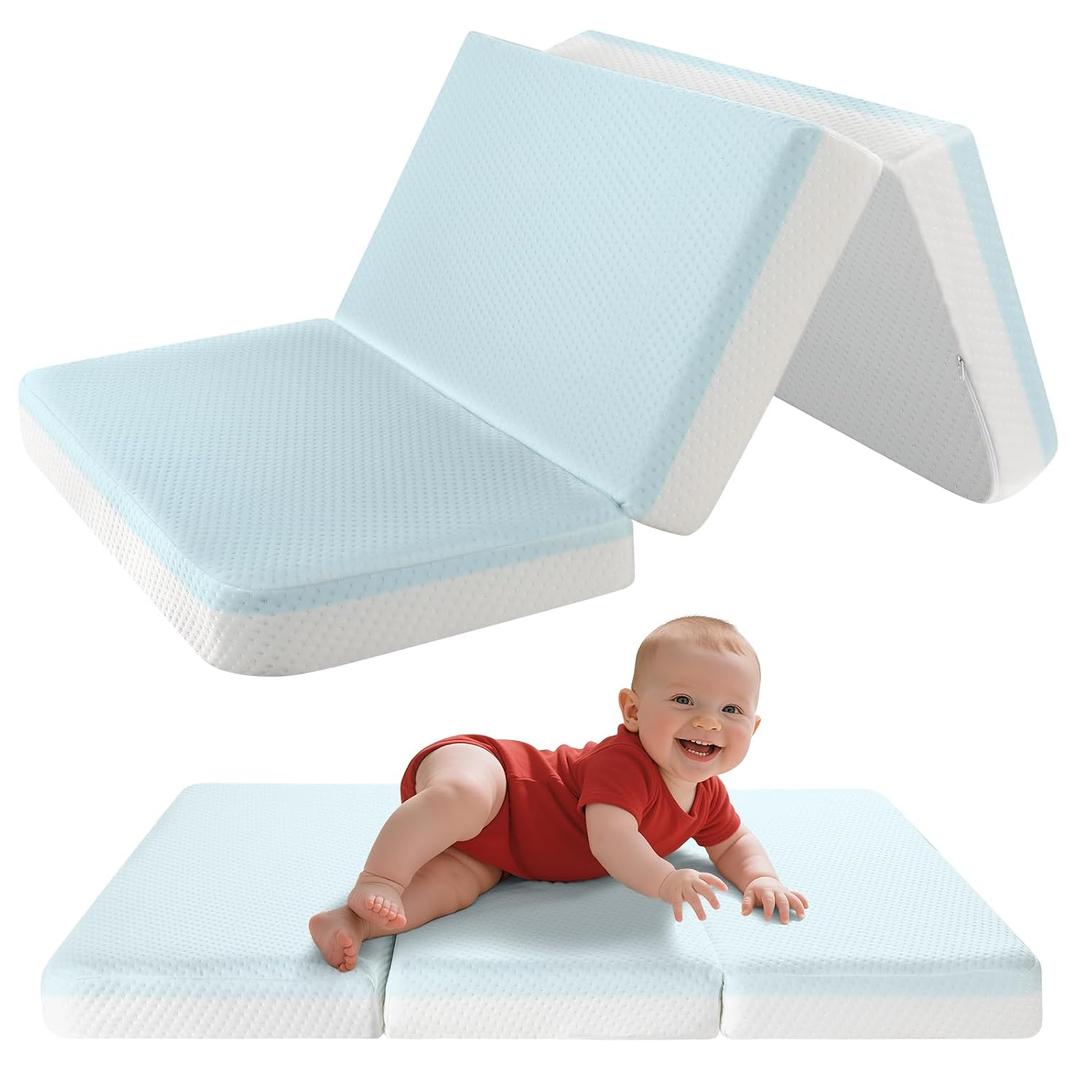 3'' Waterproof Standard Crib Mattress Breathable, 52x27.5 Inch Portable Full Size Mattress for Toddler Floor Bed, Foldable Travel Memory Foam Trifold Mattresses for Toddler Kids