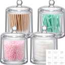Maxdot 4 Pack Qtip Dispenser Apothecary Jars with Lids and Labels Glass Qtip Holder Storage Qtip Container Bathroom Organizers and Storage for Cotton Ball, Swabs, Makeup Sponges, Candy, Jewelry, Clear