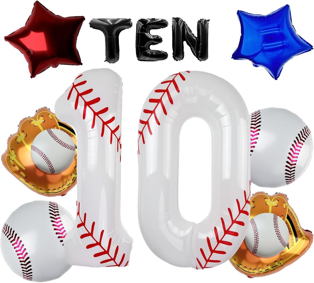 40 Inch Baseball Balloons Set 10th Birthday Party Decorations for Boys, Baseball Number 10 Balloon for Sports Theme Party Supplies