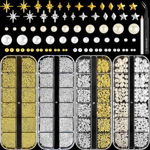 NEBURORA Gold and Silver Caviar Nail Art Beads Flat-Back Pearls (White + Beige) Multi-Shape Metal Nail Art Gemstone Set with Tweezers and Pickup Pen Mixed Sizes 0.6-2mm
