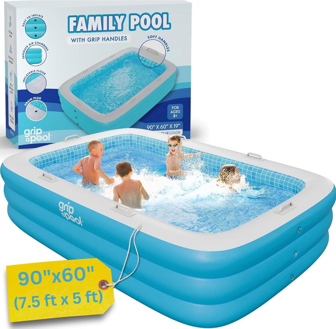 Premium Large Inflatable Pool with Soft Floor, Handles and Drain for Adults and Kids, 90"x60"19" Durable Blow Up Outdoor Swimming Pool for Backyard, Summer Gift, Family Size Kids Pool