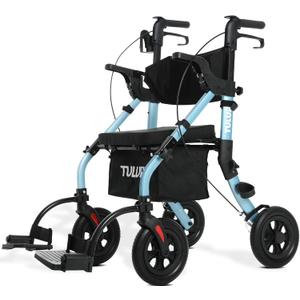 All Terrain Walker Wheelchair Combo,Rollator Walker with Seat for Seniors with Footrest,Transport-Wheelchair Combo,2 in 1 Rolling Walker Chair with Wide Backrest by Tulur (Blue)