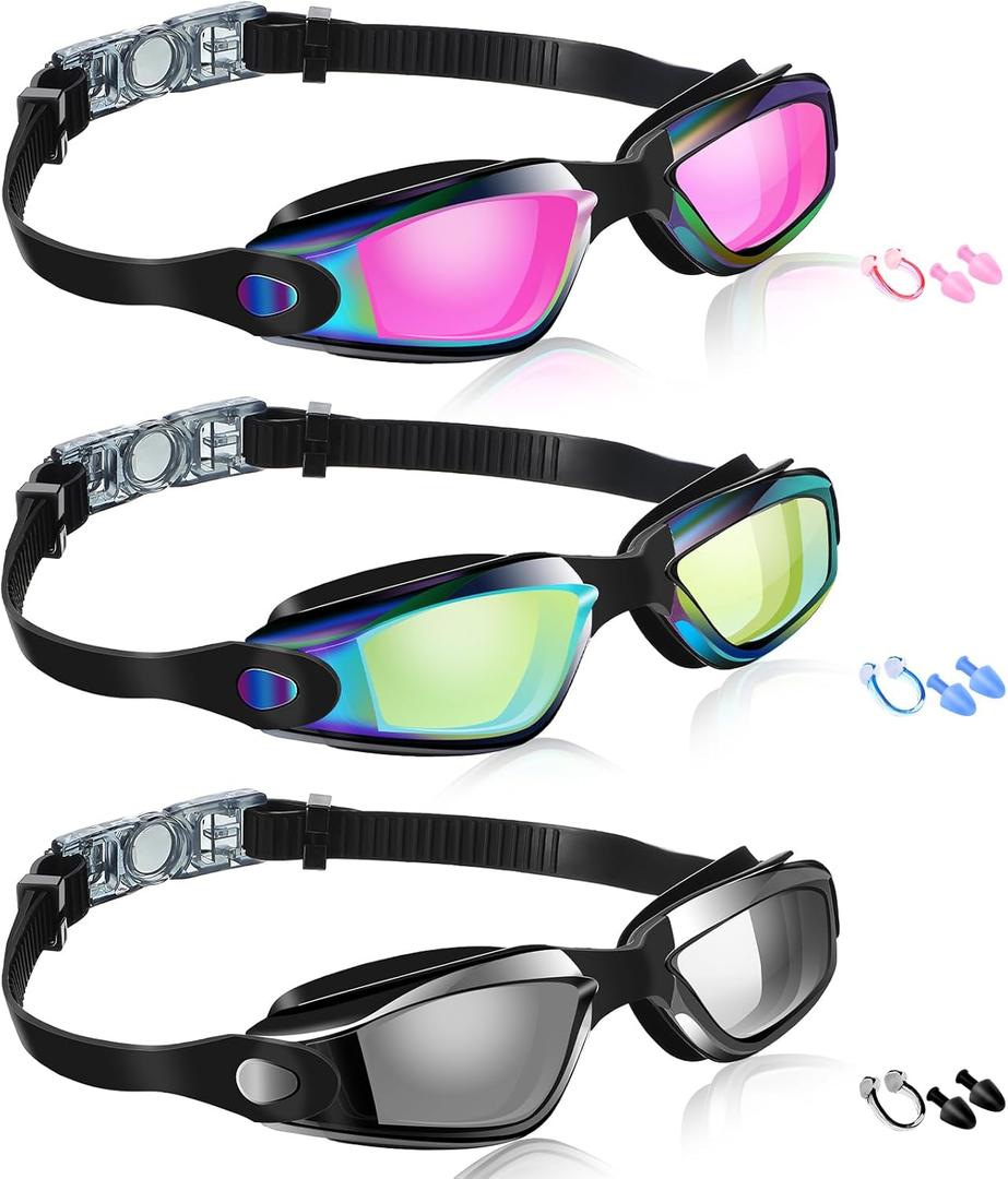 Flutesan 3 Pack Swimming Goggles No Leaking Silicone Anti Fog Swim Glasses with Nose Clip Ear Plugs Adult Kids Pool, 3 Colors (S)
