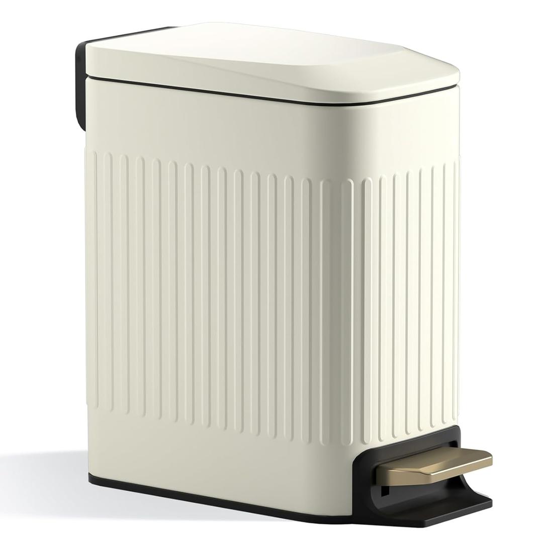 Small Bathroom Trash Can with Lid Soft Close-6L/1.6 Gal Slim Step Garbage Can-Metal Pedal Wastebasket-Narrow Rectangle Garbage Container Bin for Corner Office, Bedroom, Toilet, Live Room-Beige (1.3 Gallon, Milky White)