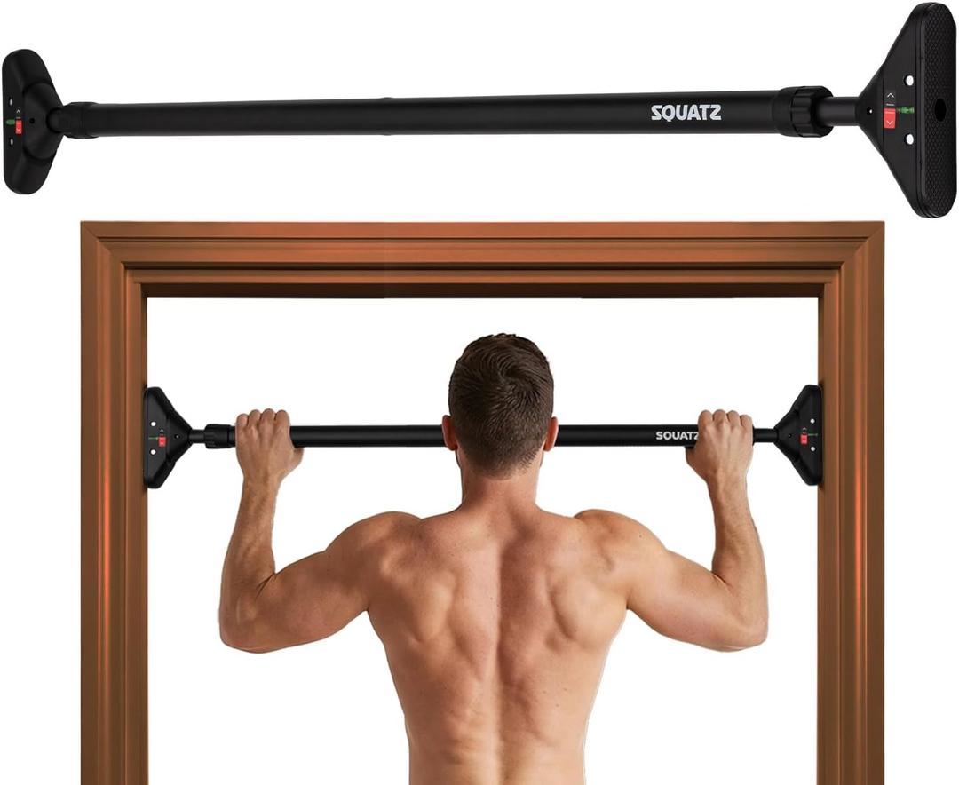 Squatz Doorway Pull Up Bar, Adjustable 29.5-37" Door Frame Pull Up Bar with Level Meter, Locking Mechanism & Foam Grips, No Drill Chin Up Bar for Door Frame, Portable Design for Home Workouts
