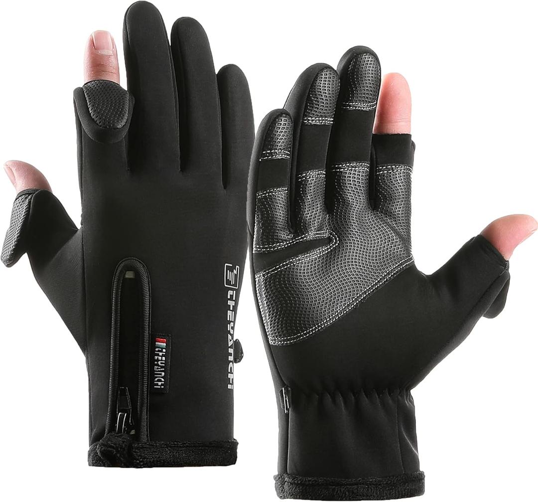 Winter Fingerless Fishing Gloves for Men & Women, Cold Weather Windproof Touchscreen Warm Cycling Gloves for Photography Hunting Ski Motorcycle Driving (Large, Black)
