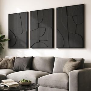 Large 3D Textured Framed Black Abstract Wall Art for Living Room, 3 piece Modern Minimalist Geometric Texture Artwork for Walls, Sandstone Art Pictures for Bedroom Hallway Office Wall Decor 24x36 In, 24"w X 36"h X 3pcs