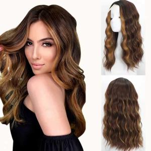 Brown Highlight Wavy Wigs for Women 18 Inch Medium Length Short Wavy Wig Middle Part Synthetic Heat Resistant Natural Looking for Daily Party Halloween Use
