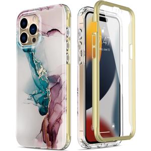 Esdot for iPhone 15 Pro Max Case with Built-in Screen Protector,Durable Cover with Fashionable Designs for Women Girls,Protective Phone Case 6.7" Turquoise Pink Marble
