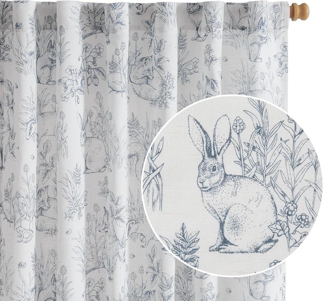 jinchan Linen Nursery Curtains 63 inch Long Woodland Wildlife Blue Print Drapes for Kid's Room Light Filtering French Country Farmhouse Curtains with Bunny and Forest Design Set of 2 Panels (50"W x 84"L (Pack of 2), Woodland Blue)