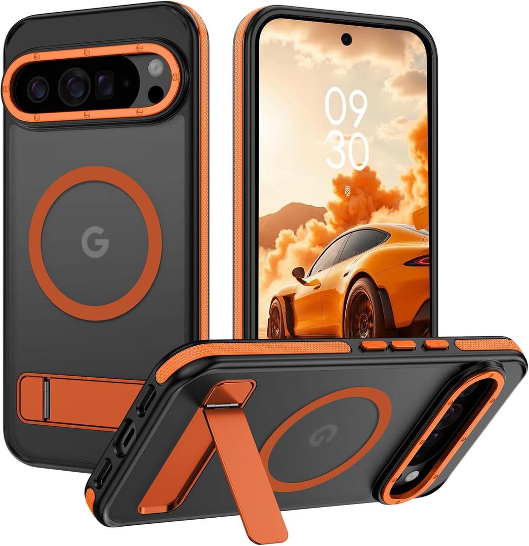 Magnetic for Google Pixel 10 Pro XL Case with Stand, Upgraded [Compatible with MagSafe] Slim Translucent Matte Military Grade Drop Protection Cover Man Woman for Pixel 10 Pro XL 6.8"- Black+Orange