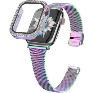 Joyozy Slim Stainless Steel Band Compatible with Apple Watch 38mm 40mm 41mm 42mm 44mm 45mm 46mm Milanese Strap with Bling Glitter Case Built-in Screen Protector Dressy Bracelet Band for Women(Rainbow 44mm)