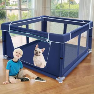 XVISHX 42x42 Inches Puppy Playpen with Gate, Dog Playpen for Puppies or Small Dogs, DogFence Pet Playpen for Indoor & Outdoor, Sturdy Safety DogPen with Thickened Fabric, High-Strength Nylon Wire Mesh (Blue)