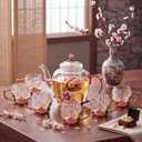 Maxdot Floral Glass Tea Set, 51 oz Teapot with 6 Cups, Plum Blossom, Teapot: about 51 oz/ 1500 ml