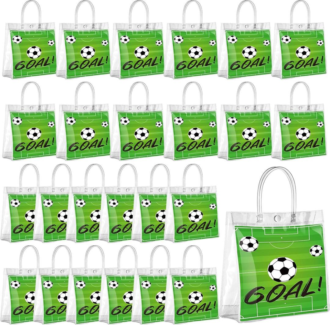 Abbylike 24 Pack Clear Soccer Gift Bag with Handles Soccer Goodie Bag Plastic Reusable Clear PVC Container for Shopping Sports Theme Game Birthday Party Decorations 7.8 x 7.8 x 3.1 Inch (Football)