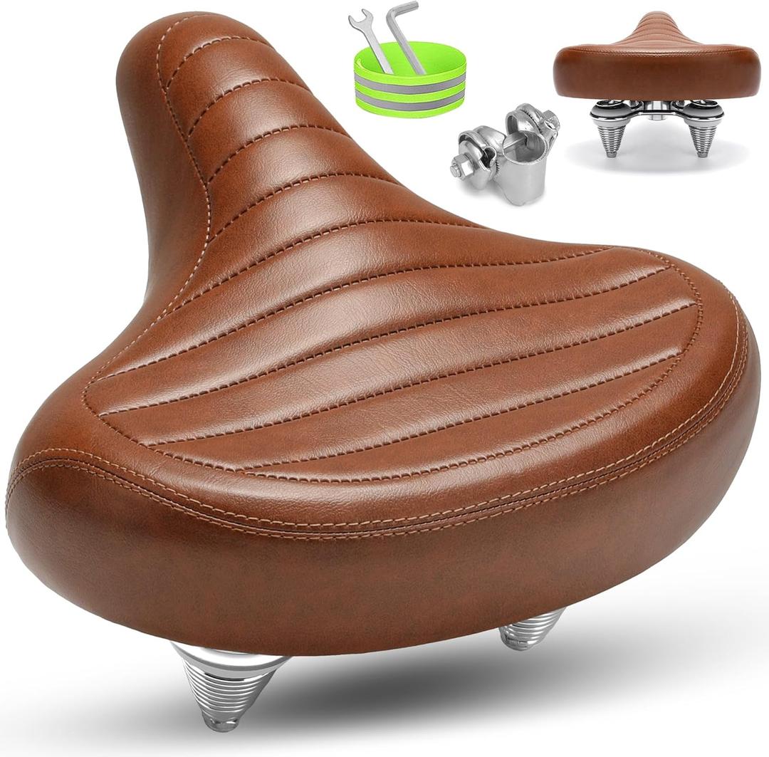 Wide Bike Seat for Men Women Comfort, Large Soft Padded Bicycle Seat Cushion, Oversized Comfortable Replacement Saddle for Beach Cruiser, City Bike, MTB, Ebike, Scooter, Stationary Exercise Bike (C1 Brown)