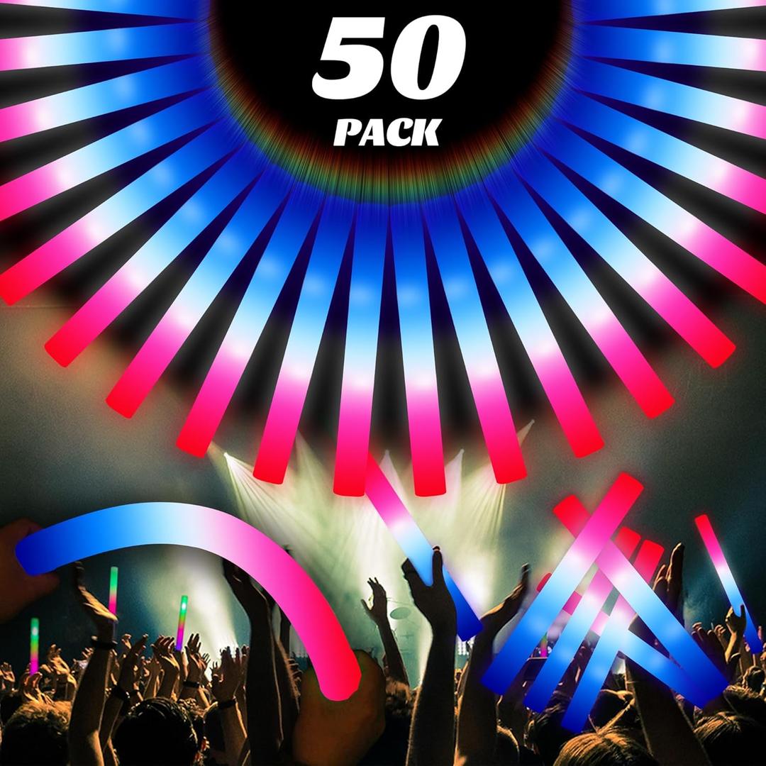 50Packs 3 Colors Foam Glow Sticks Red White Blue, Patriotic Events Parades, Party Decorations, Light up Glow in Dark Bulk Supplies For Party,Wedding,4th of July,Campaign Night