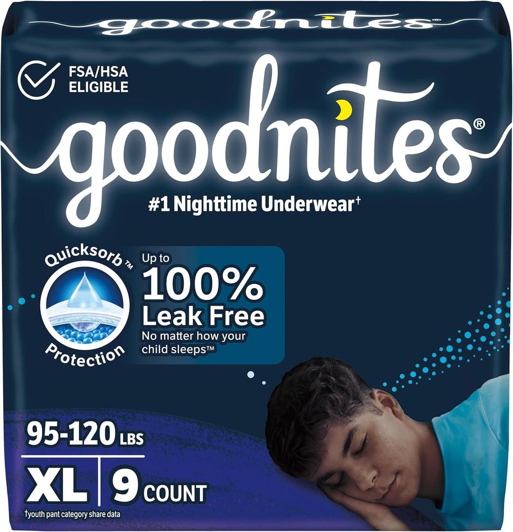 Goodnites Boys' Nighttime Bedwetting Underwear, Size Extra Large (95-120 lbs), 9 Ct 