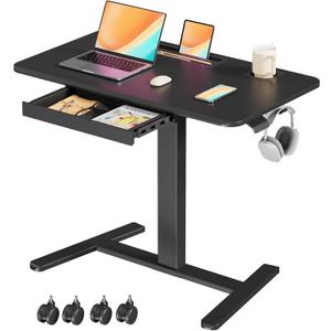 Mobile Standing Desk with Drawer, 35" Small Standing Desk with Cup Holder, Rolling Laptop Cart on Wheels, Height Adjustable Table with Storage for Home Office, Black