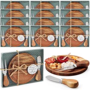Maxcheck 12 Sets Baby Shower Bridal Game Prizes for Winners Round Cheese Board Set Wood Mini Charcuterie Board with Knives and Forks Thank You Card with Gift Box for Guests Wedding (Acacia)