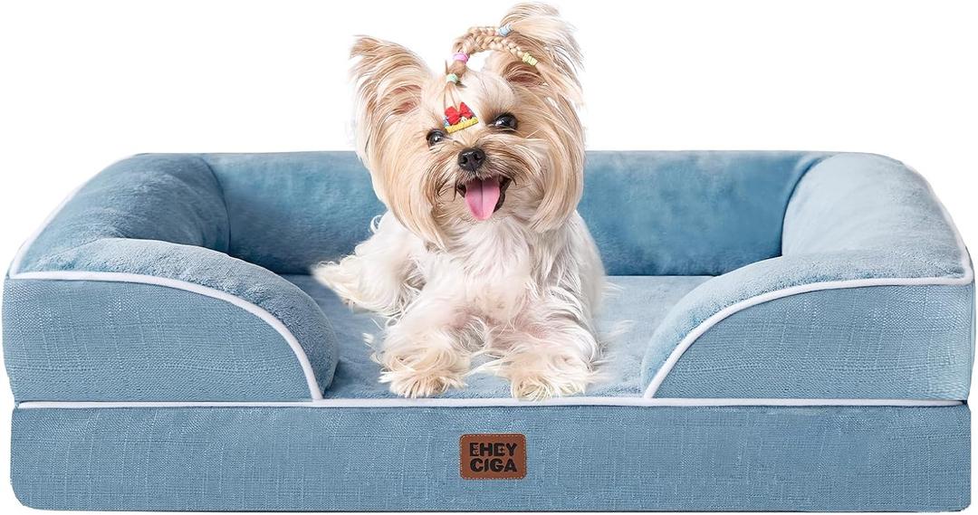 EHEYCIGA Orthopedic Dog Bed for Small Dogs, Waterproof Memory Foam Small Dog Beds with Sides, Non-Slip Bottom and Egg-Crate Foam Medium Pet Couch Bed with Washable Removable Cover, Washed Blue (24.0"L x 18.0"W x 6"Th)