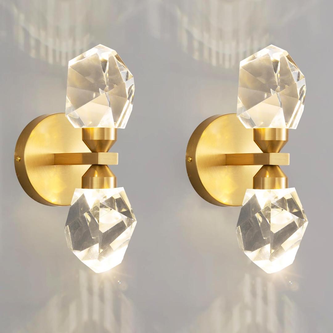 2 Packs Wall Sconces - Gold Modern Crystal Vanity Lighting for Dining Room, Bedroom, Living Room, Entryway, Bathroom - Wall Mount Lighting Fixture - Warm Light