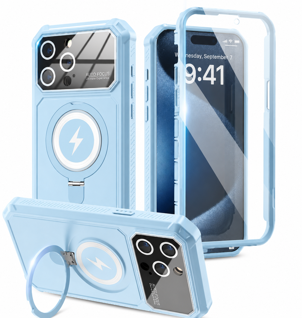 KJSK for iPhone 15 Pro Max Case,Kickstand+Magnetic+Screen Protector+Camera Protection,Heavy Duty Protection,Drop Proof Rugged Protective Cell Phone Cover for iPhone 15 Pro Max (Light Blue)