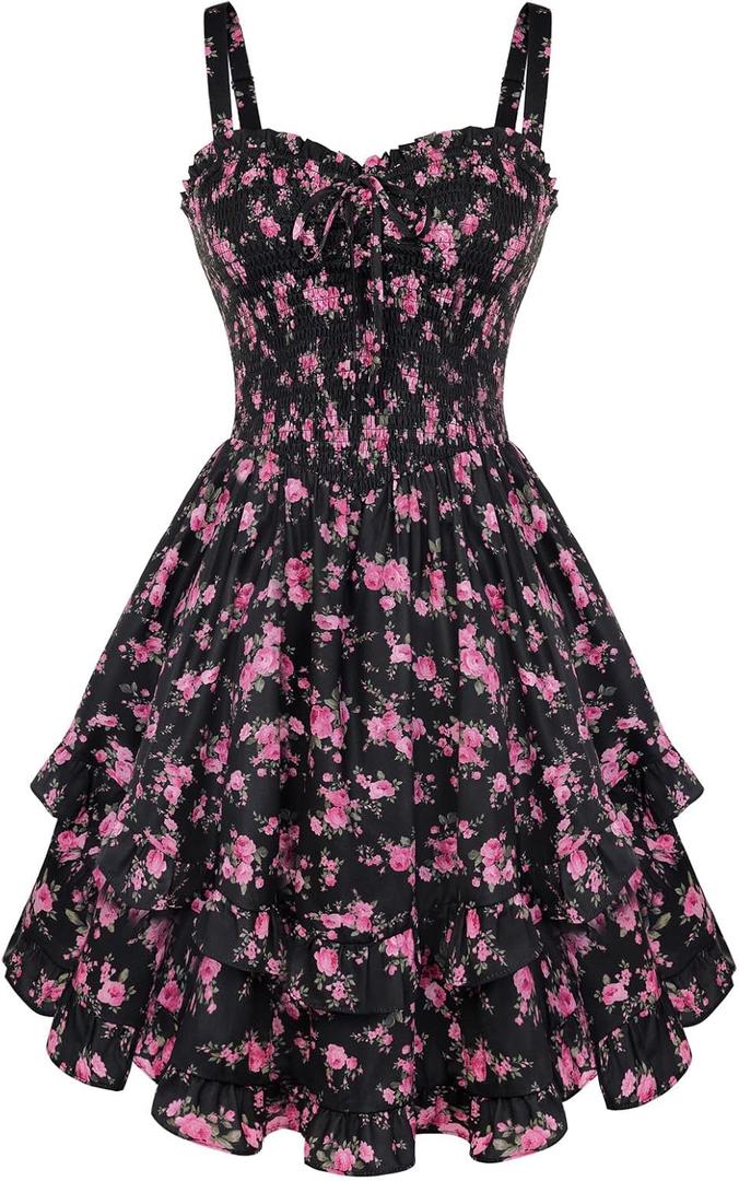 Scarlet Darkness Smocked Floral Sundresses for Women Teens 2026 Summer Flowy Ruffle Mini Dress (X-Large, Black Pink Floral)