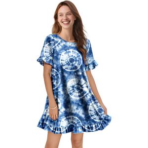 YESNO Summer Dresses for Women 2025 Floral Boho Ruffle Short Sleeve Sundresses Casual Shift Dress ESA (Blue, S)