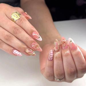 Almond Press on Nails Medium Fake Nails French Tip Acrylic Nails Golden Glitter Glue on Nails with Flower Rhinestones Pearls Lines Irregular Pattern Designs Light Pink Stick on Nails for Girls 24 Pcs
