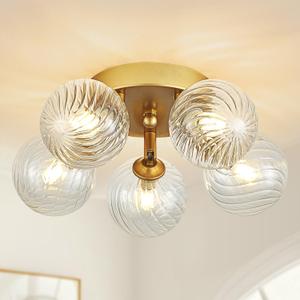 Gold Ceiling Bubble Light Fixture Modern 5 Lights Swirled Clear Ribbed Blown Glass Ball Chandelier Semi Flush Mount Lighting Dia 12.6" for Hallway Entryway Kitchen Dining Room