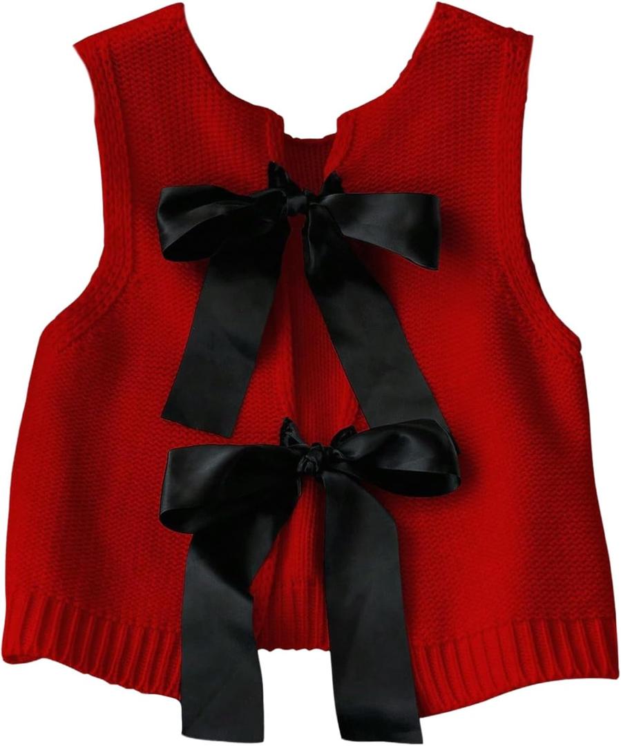 GORGLITTER Women's Bow Crop Tank Tops Cute Summer Vacation Going Out Outfits Tie Backless Sleeveless Knit Vest Tops (Large, Red and Black)