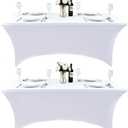 2-Pack 8ft White Spandex Table Covers for Rectangle Folding Tables - Washable Elastic Tablecloth - Ultimate Fitted Table Protector for Birthday Parties, Trade Shows, Banquet