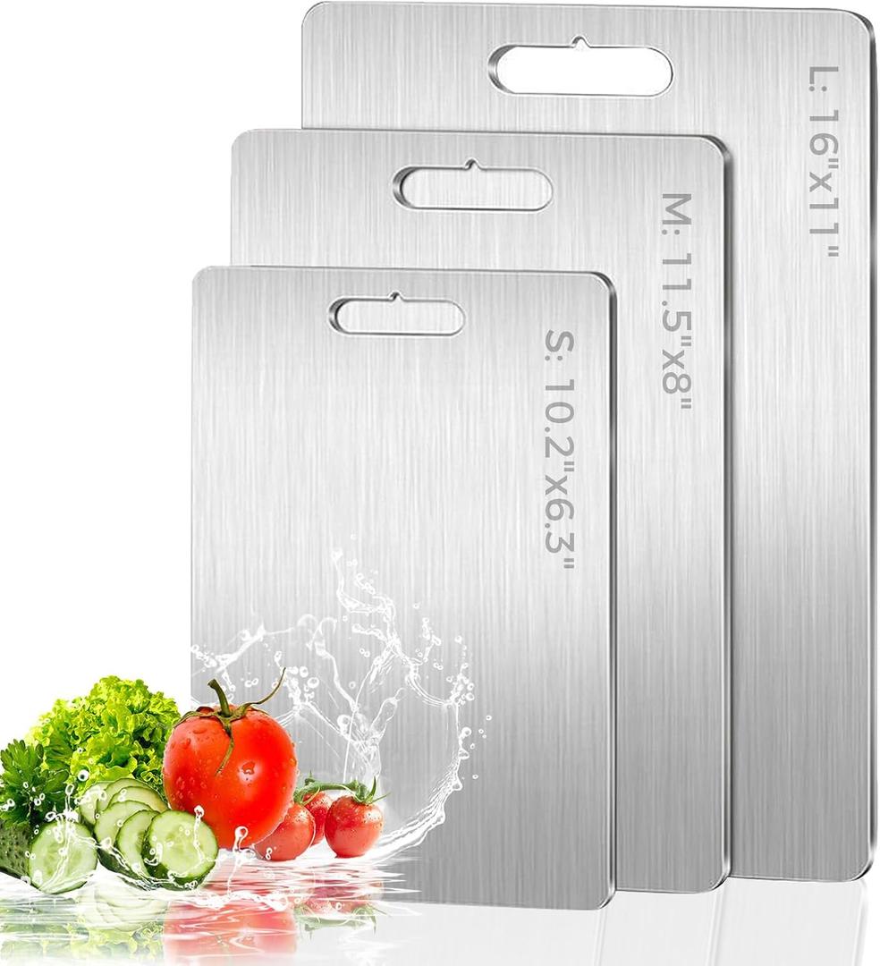 3 Pack Stainless Steel Cutting Board, Upgraded Food-Grade Cutting Boards for Kitchen,Double-Sided Non Toxic Cutting Board, Dishwasher Safe, kitchen Appliances for Fruits, Vegetables, Meat(S+M+L), 16" L 11" W, 11.5" L 8" W, 10.2" L 6.3" W