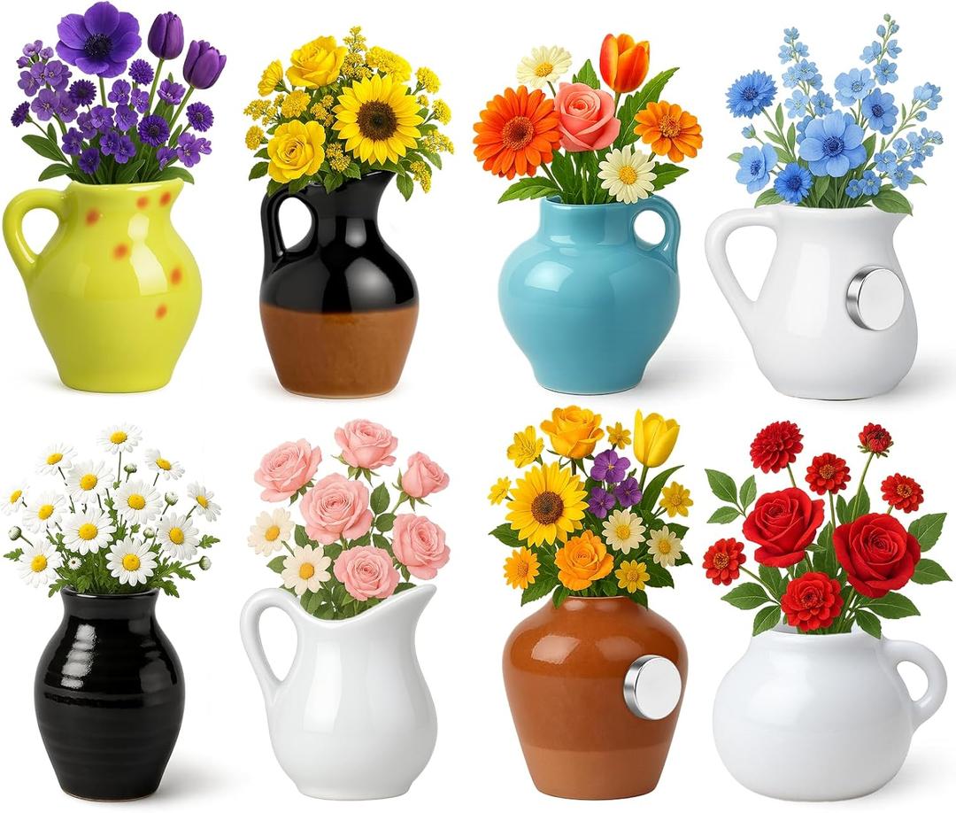 Juome Mini Vase Magnets for Fridge - 8PCS Cute Tiny Ceramic Magnet Vases for Flowers Plant, 3D Mini Magnetic Vases for Refrigerator Kitchen Locker Office Decoration (Exclude Flower)