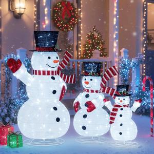 Tangkula 3-Piece Christmas Lighted 3D Snowman Family Decoration, 4.1 FT Pre-Lit Xmas Snowman Set with 270 LED Lights, Indoor Outdoor Christmas Holiday Decoration for Home Lawn Yard Garden