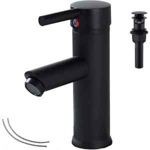 GGStudy Black Bathroom Faucet Single Handle One Hole 1 or 3-Hole 4" Installation Stainless Steel Bathroom Vanity Faucet Matching Pop Up Drain with Overflow