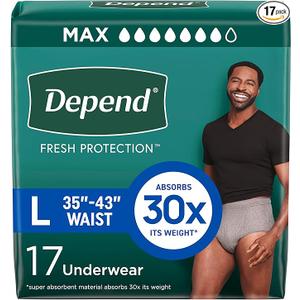 Depend Fresh Protection Adult Diapers, Incontinence Underwear for Men, Disposable, Maximum, Large, Grey, 17 Count