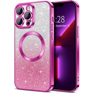Hython for iPhone 13 Pro Case Clear Magnetic Glitter Phone Cases [Compatible with MagSafe] Full Camera Lens Protector Slim Gradient Sparkle Luxury Plating Shockproof Protective Cover Women, Hot Pink