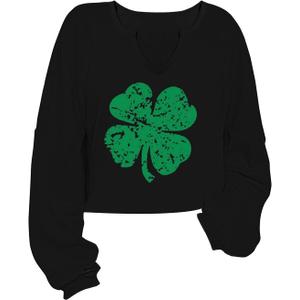 Women's St. Patrick's Day Sweatshirts Long Sleeve Crop Cute Shamrock Clover V Neck Shirts Graphic Tops (Black, L)