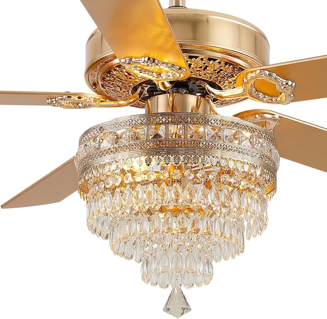 Crystal Ceiling Fan Fandelier with Lights - 52" Modern Outdoor Fans with Remote ControlNoiseless AC Motor, Retro/Farmhouse Lighting, Dining Room,Living Room (Gold
