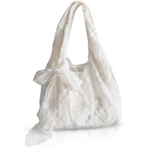 Lace Tote Bag Boho Purse Beach White Lace Shoulder Bag Chic Shabby Casual Handbag for Women Travel Vacation