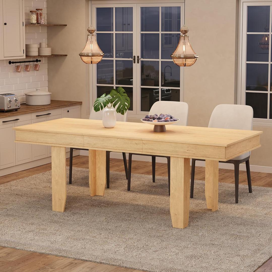 GarveeHome 63 in-86.6 in Extendable Dining Room Table for 6-10, Farmhouse Kitchen Tables w/Wooden Sturdy Frame, Large Rectangular Dinner Table for Dining Room, Kitchen (Natural)
