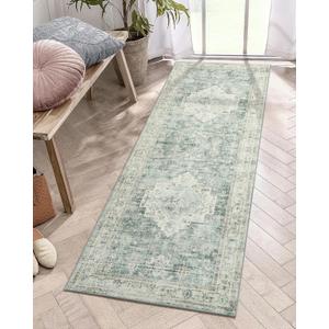 LIVEBOX Washable 2x7 Runner Rug for Bathroom, Non Slip Kitchen Mats for Floor Entryway, Boho Indoor Front Door Mat Low-Pile Runners for Hallways, Farmhouse Rugs for Laundry, Sage Green