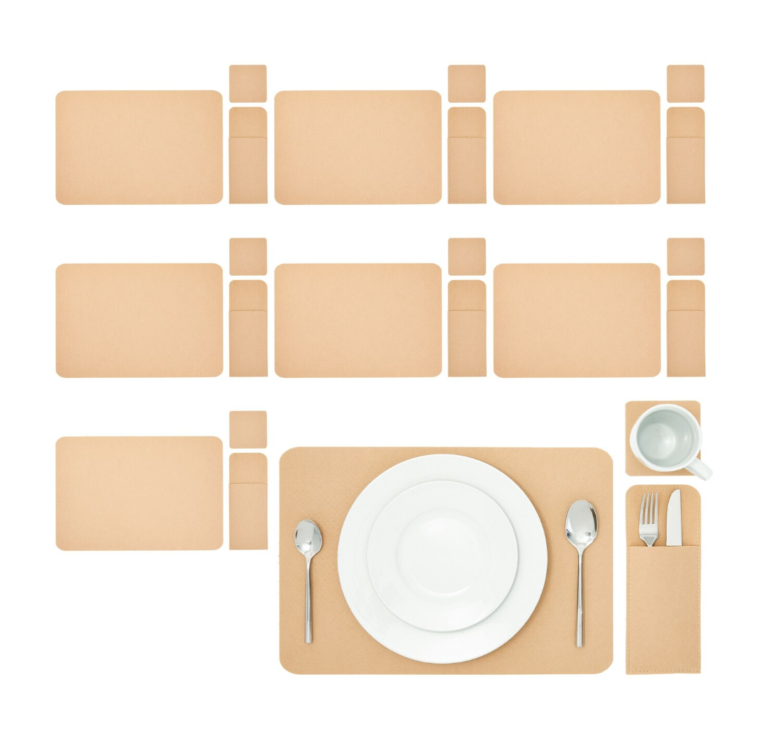 Juvale Felt Table Placemats Set of 8 for Dining Table and Kitchen Decor with Drink Coasters and Cutlery Pouches (Beige, 24 Pieces)