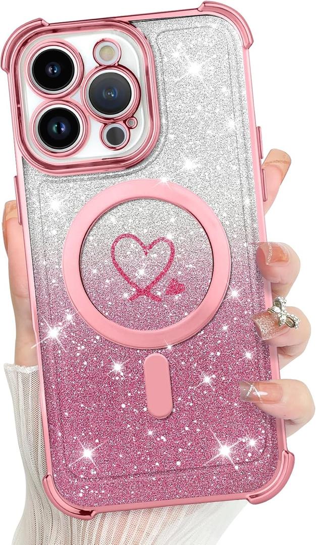 KANGHAR for iPhone 16 Plus Case, Support for MagSafe [Four Corner Cushion Series] Love Heart Pattern Electroplate Edge ShockPlusof Durable Full Body Plustection for Girls Women -Pink