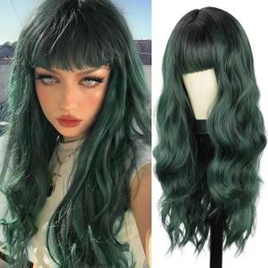 BOGSEA Green Wig with Bangs Long Grenn Wig for Women 26 Inch Synthetic Heat Resistant Fiber Wigs for Daily Party (Green)